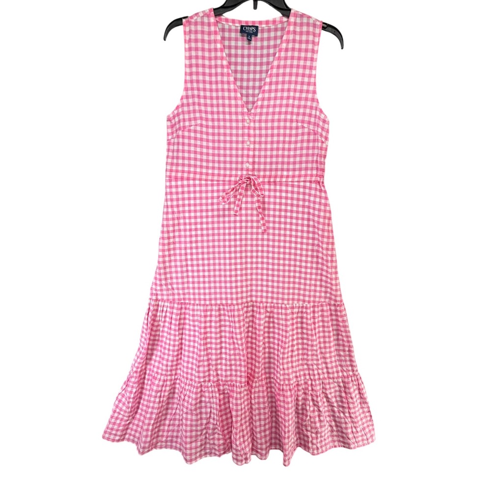 Chaps Gingham Check Tiered Ruffle Midi Dress Small Pink Cotton Cottage Prairie - Picture 2 of 12